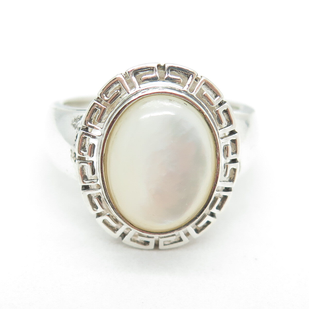 925 Sterling Silver Vintage Real Mother-of-Pearl Greek Maze Ring Size 9.25