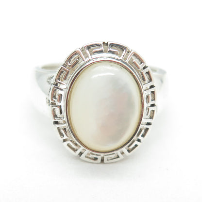 925 Sterling Silver Vintage Real Mother-of-Pearl Greek Maze Ring Size 9.25