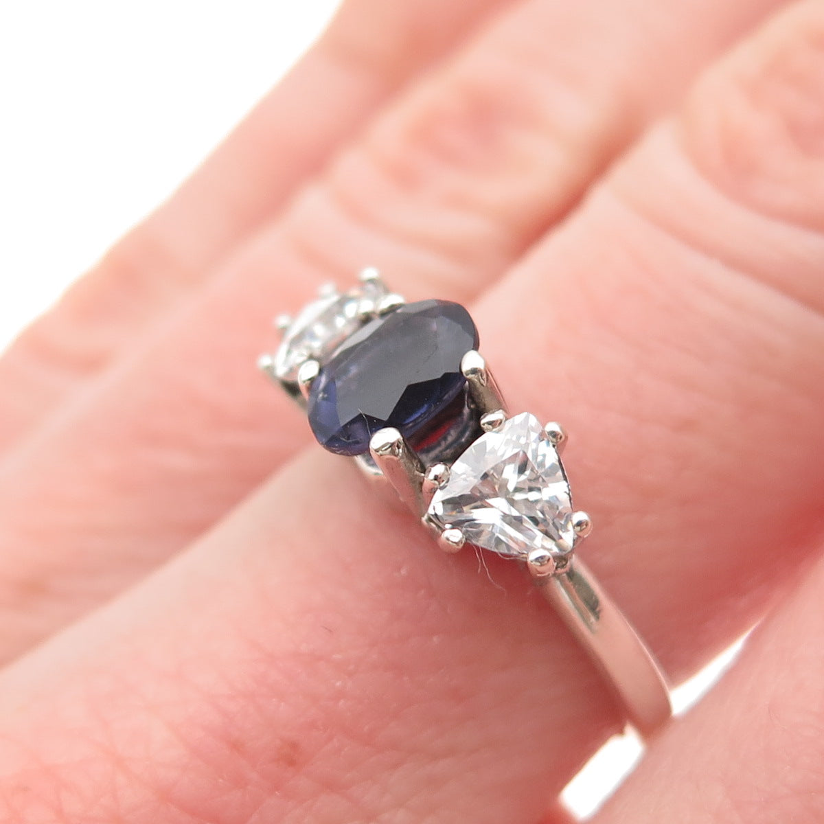 TOMMY LONG 925 Sterling Real Oval-Cut Iolite & Triangle-Cut C Z Ring Size 6.25