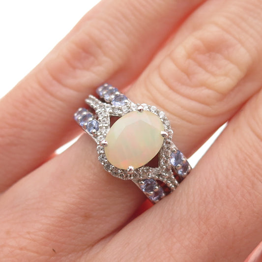 Chuck Clemency 925 Sterling Real Opal Tanzanite & White Topaz Ring Size 5.25