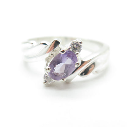 925 Sterling Silver Vintage Real Amethyst Gemstone & C Z Ring Size 5.25