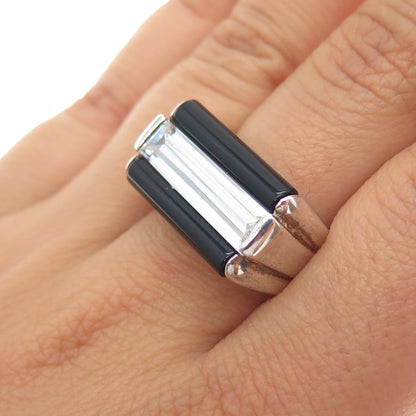 925 Sterling Silver Vintage Italy Real Black Onyx & C Z Modernist Ring Size 7.5