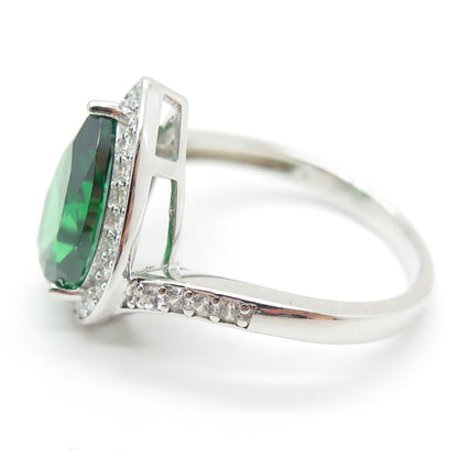 925 Sterling Silver Green Pear-Cut & White Round-Cut Shaped C Z Ring Size 8