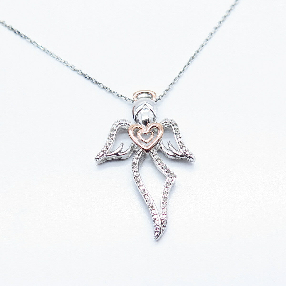 925 Sterling Silver 2-Tone Italy Sun Real Diamond Angel Rolo Chain Necklace 17"