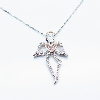 925 Sterling Silver 2-Tone Italy Sun Real Diamond Angel Rolo Chain Necklace 17"
