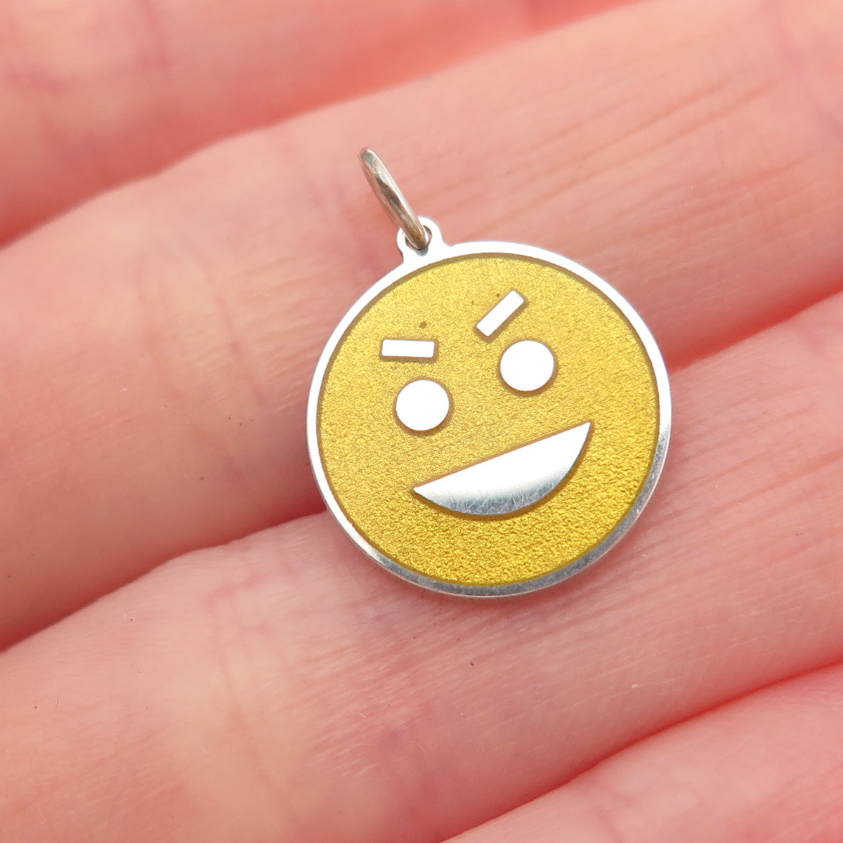 925 Sterling Silver Yellow Enamel Tricky Face Emoji Mini Charm Pendant