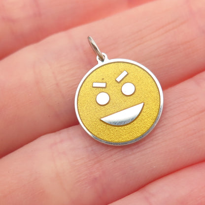 925 Sterling Silver Yellow Enamel Tricky Face Emoji Mini Charm Pendant