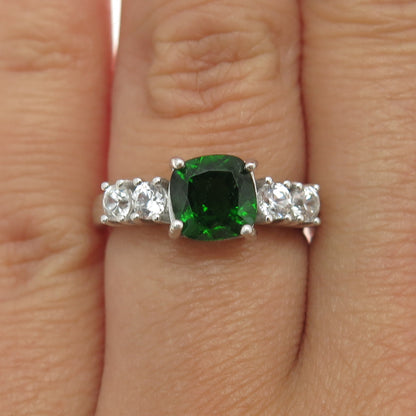 925 Sterling Silver Real Cushion-Cut Green Tourmaline White Topaz Ring Size 6.25