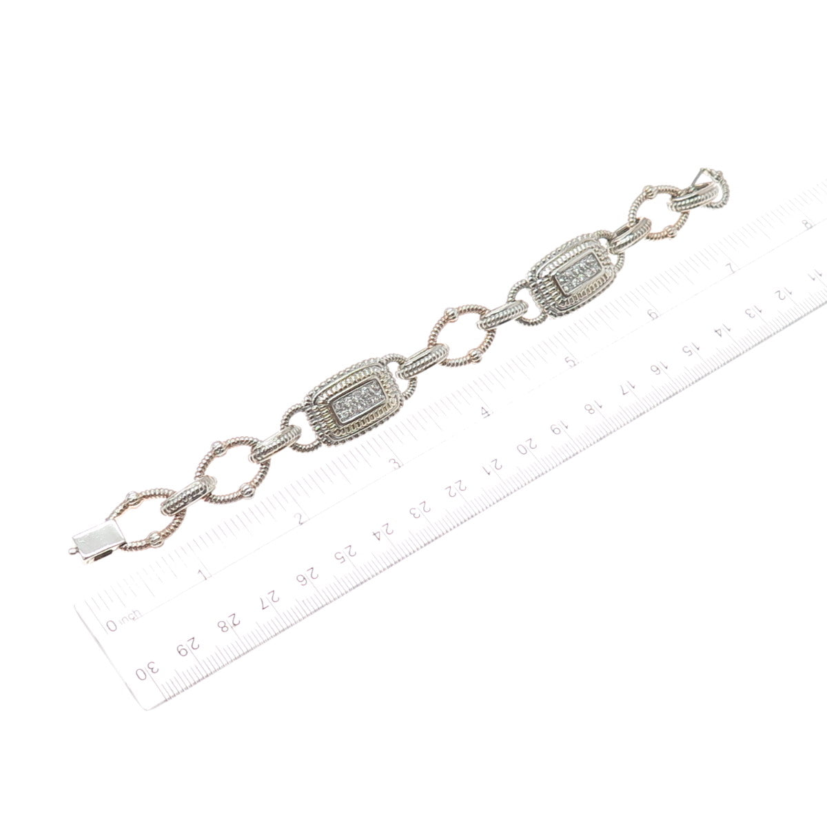 925 Sterling Silver 2-Tone Vintage Round-Cut C Z Panel Link Bracelet 6.75"