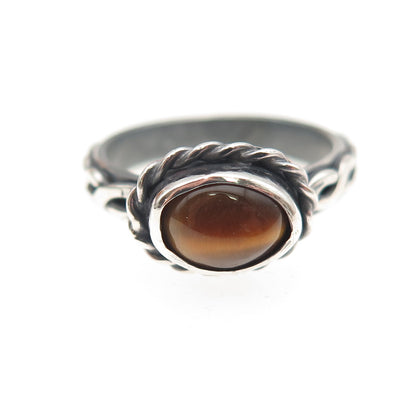 925 Sterling Silver Vintage Real Tiger Eye Woven Oxidized Ring Size 5.25