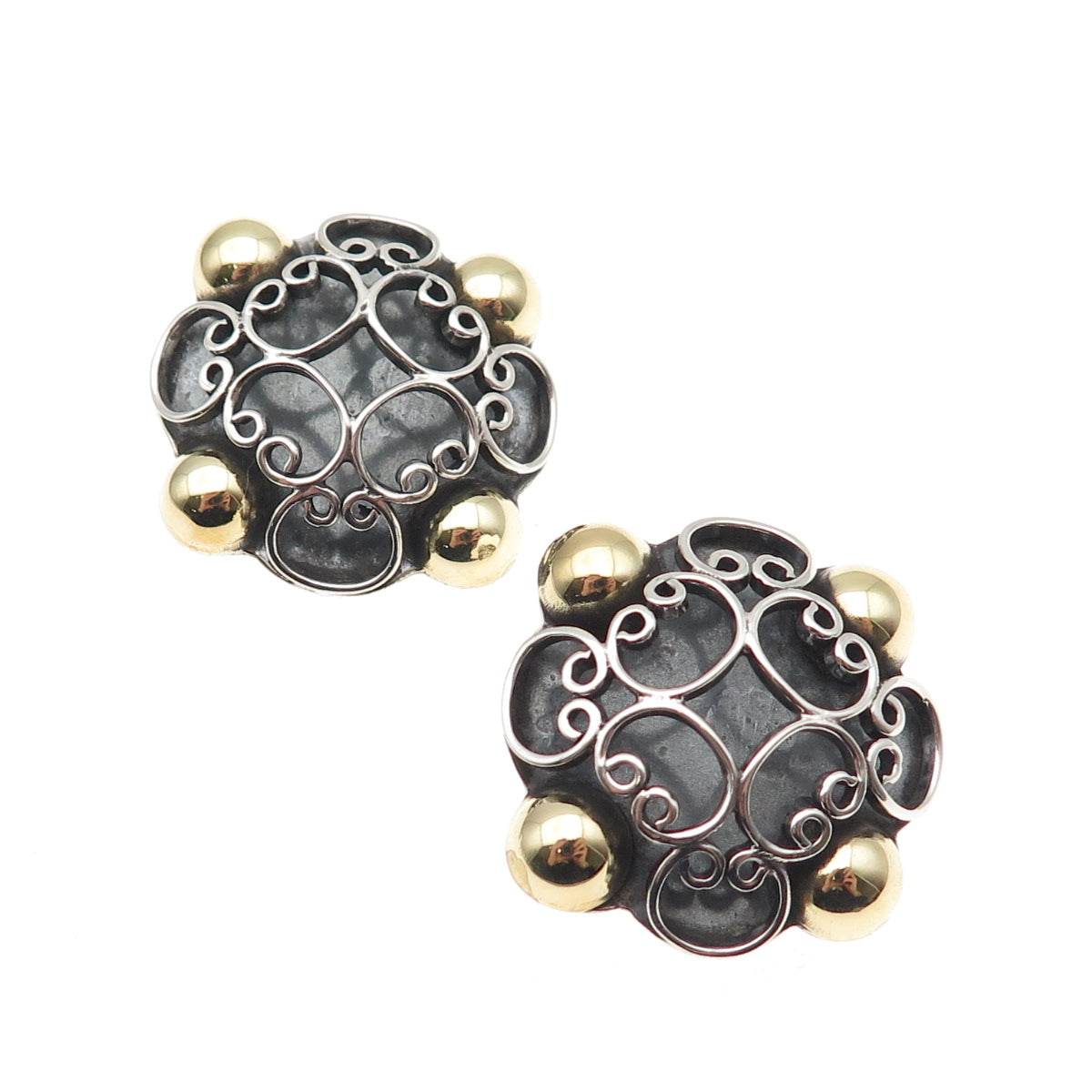 925 Sterling 2-Tone Vintage Mexico Floral Ornate Oxidized Clip On Earrings