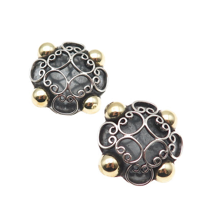 925 Sterling 2-Tone Vintage Mexico Floral Ornate Oxidized Clip On Earrings
