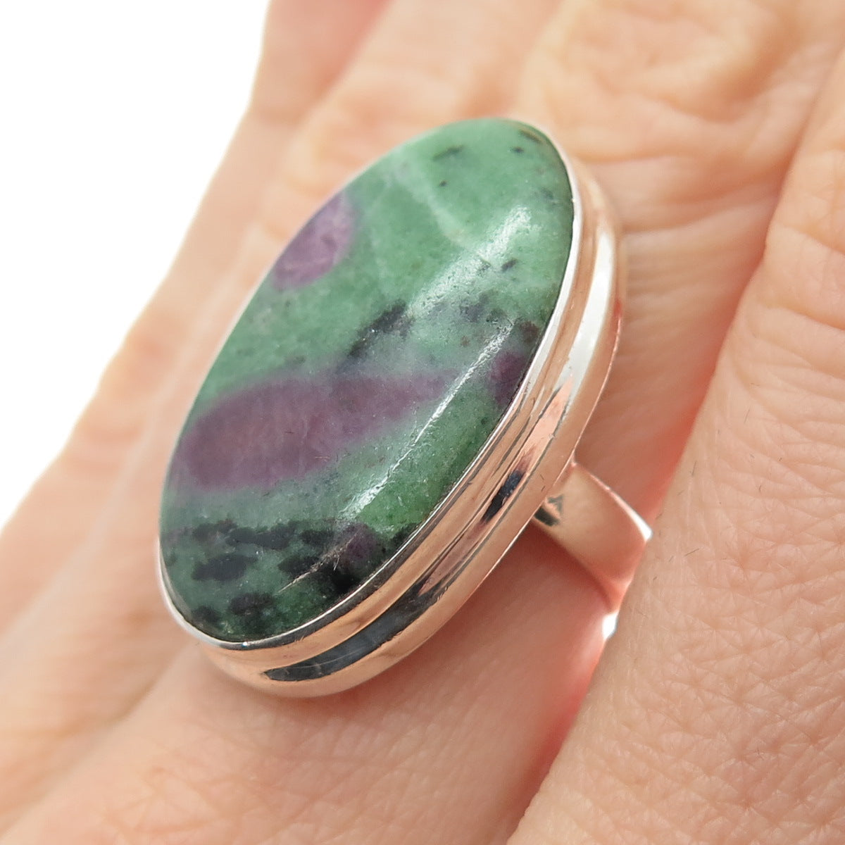 925 Sterling Silver Vintage Real Cabochon Zoisite Ruby Modernist Ring Size 5.25