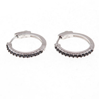 925 Sterling Silver Real Round-Cut Black Spinel Hoop Earrings