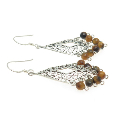 925 Sterling Silver Vintage Real Tiger Eye Gemstone Ornate Chandelier Earrings