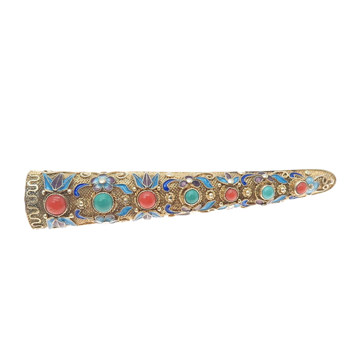 925 Sterling Gold Plated Antique China Turquoise Coral Finger Nail Guard Brooch