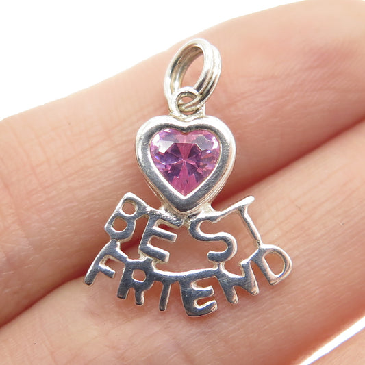 925 Sterling Silver Vintage Pink Heart-Cut Shaped C Z "Best Friend" Pendant