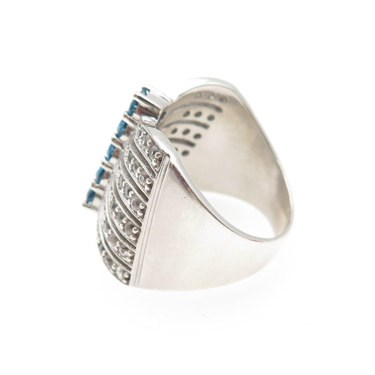 925 Sterling Silver Real London Blue & White Topaz Multi-Row Ring Size 7.5