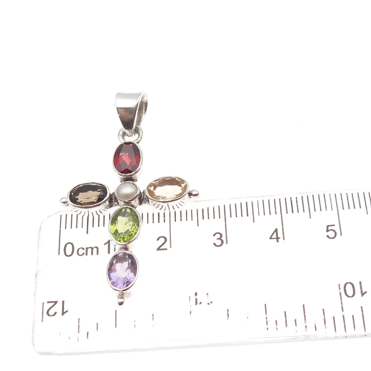 925 Sterling Vintage Pearl Quartz Citrine Garnet Amethyst Peridot Cross Pendant
