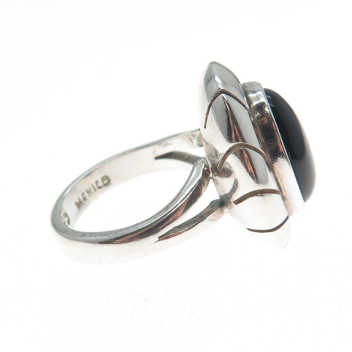 925 Sterling Silver Vintage CII Mexico Real Black Onyx Modernist Ring Size 6.25