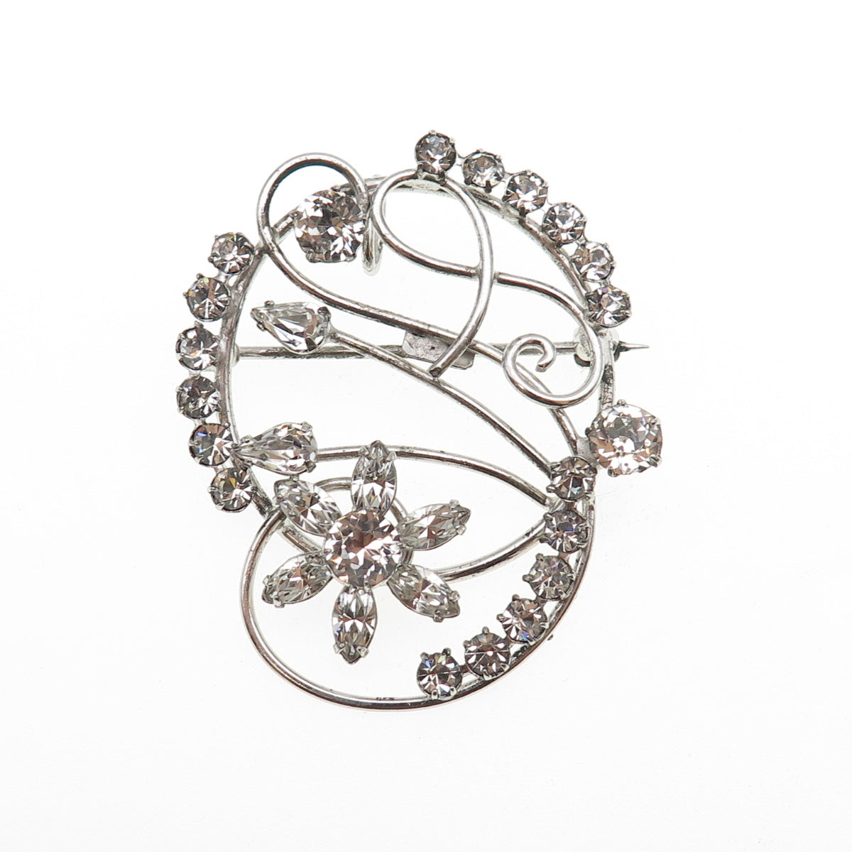 CARL ART 925 Sterling Silver Antique Art Deco Rhinestone Swirl Pin Brooch