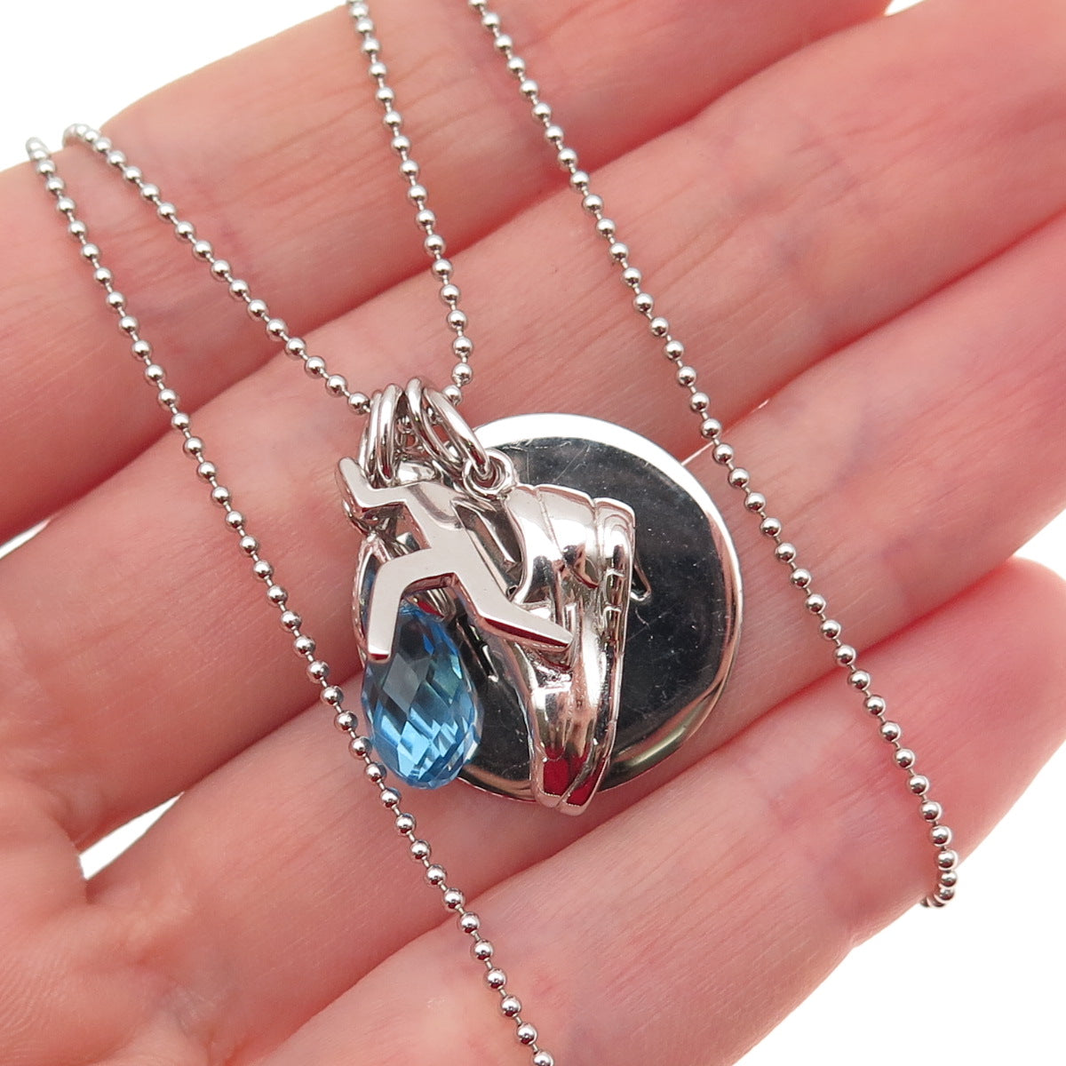925 Sterling Silver Blue C Z Run Club Charms Beaded Chain Necklace 18"