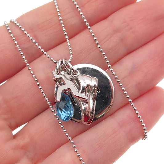 925 Sterling Silver Blue C Z Run Club Charms Beaded Chain Necklace 18"