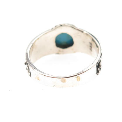 925 Sterling Silver Real Sleeping Beauty Turquoise Floral Oxidized Ring Size 8