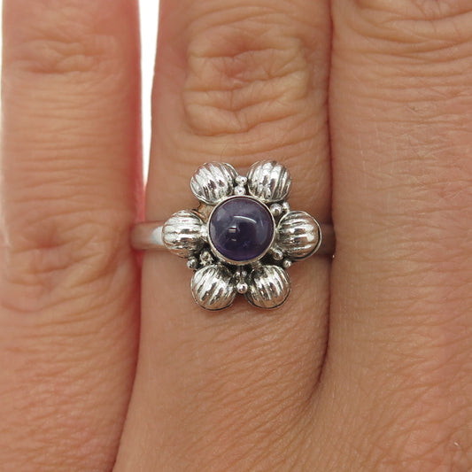 925 Sterling Silver Vintage Real Amethyst Flower Ring Size 6.5