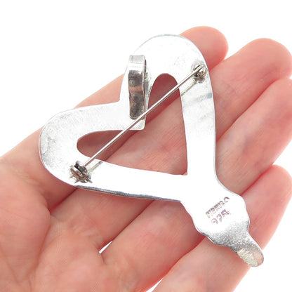 925 Sterling Silver Vintage Mexico Modernist Heart Pin Brooch / Pendant