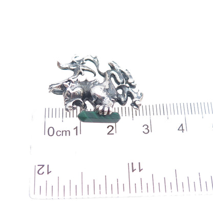 925 Sterling Silver Vintage Real Malachite Royal Lion Slide Charm Pendant