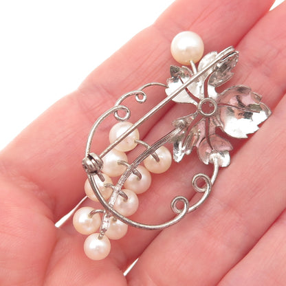 925 Sterling Silver Antique Art Deco Real Akoya Pearl Floral Pin Brooch