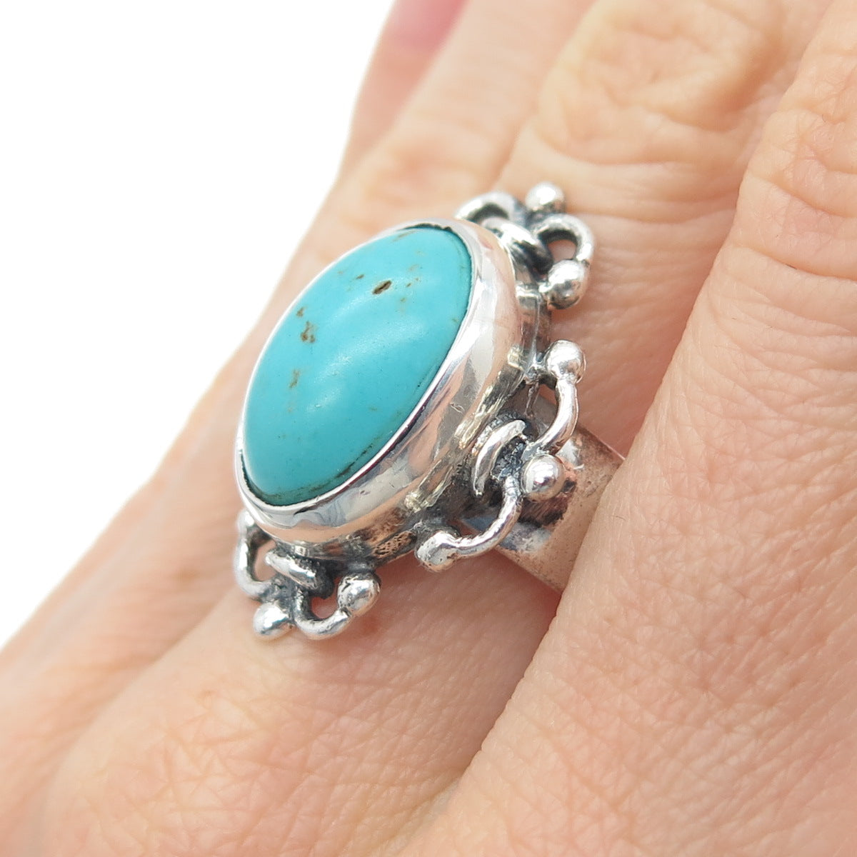 925 Sterling Silver Vintage Real Turquoise Fleur de Lis Oxidized Ring Size 8.75
