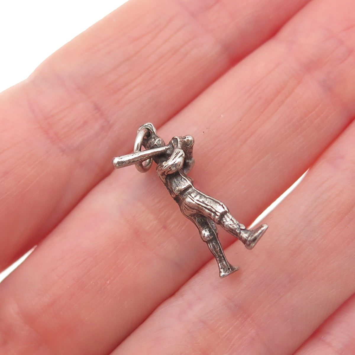 925 Sterling Silver Vintage Baseball Player Oxidized 3D Mini Charm Pendant