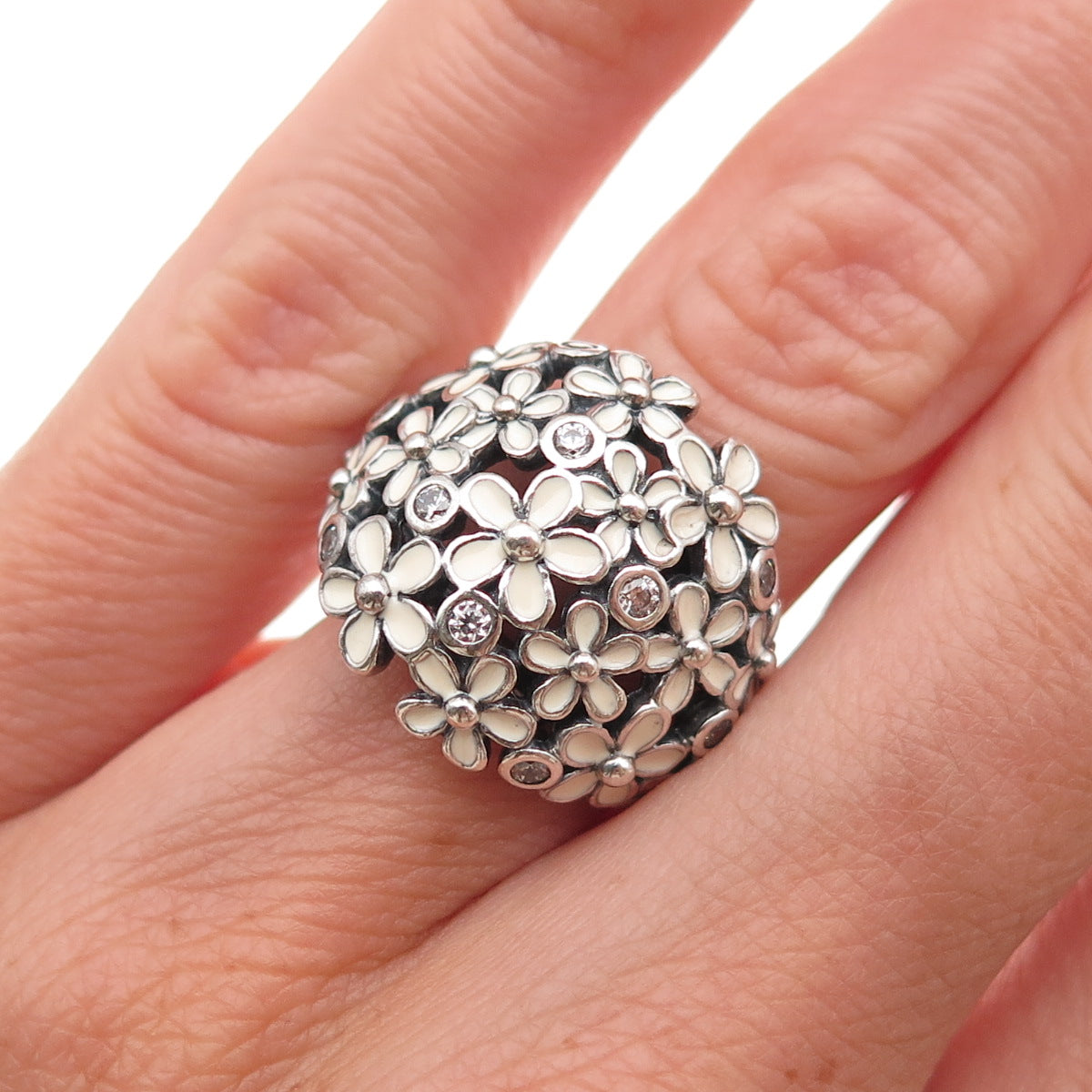 Pandora 925 Sterling Silver Enamel & C Z Darling Daisy Bouquet Ring Size 5.25