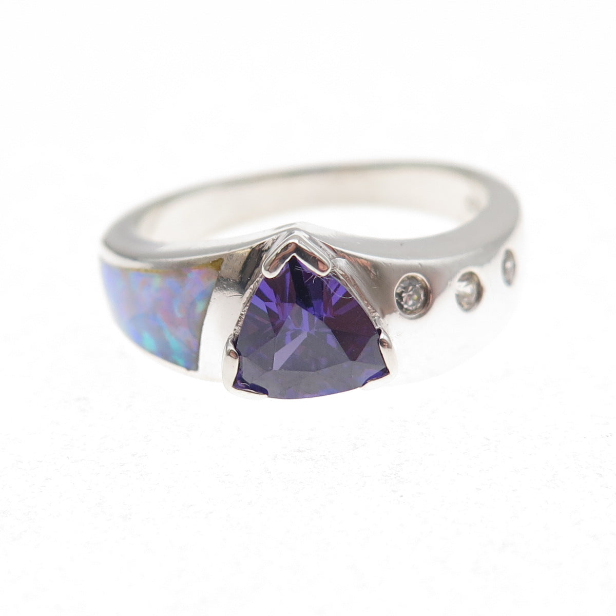 925 Sterling Silver Real Amethyst Opal & C Z Ring Size 8