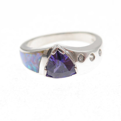 925 Sterling Silver Real Amethyst Opal & C Z Ring Size 8