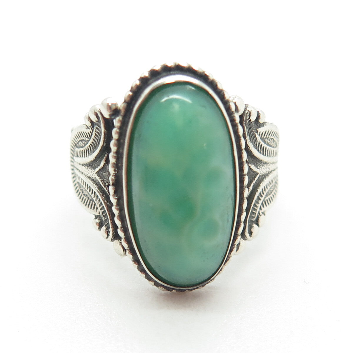925 Sterling Silver Antique Art Deco Faux Turquoise Oxidized Ring Size 3.75