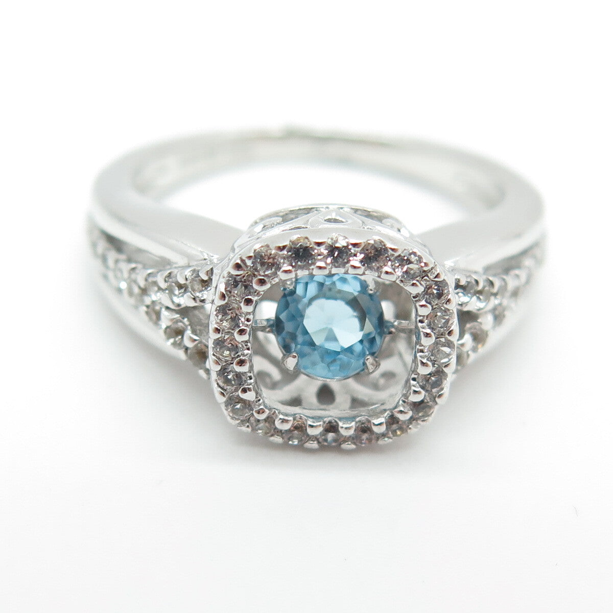 SAI 925 Sterling Silver Real White & Blue Topaz Gemstone Ring Size 7.25