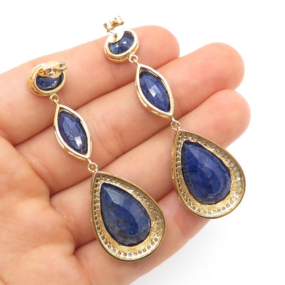 925 Sterling Silver Gold Plated Real Diamond & Sapphire Teardrop Dangle Earrings
