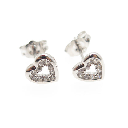 925 Sterling Silver Round-Cut C Z Heart Stud Earrings