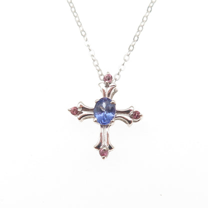 Chuck Clemency 925 Sterling Real Tanzanite & Amethyst Cross Chain Necklace 20"