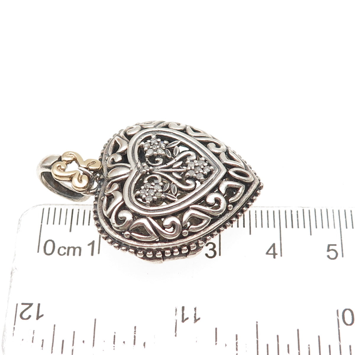 925 Sterling Silver 14K Gold Real Diamond Ornate Heart Locket Charm Pendant