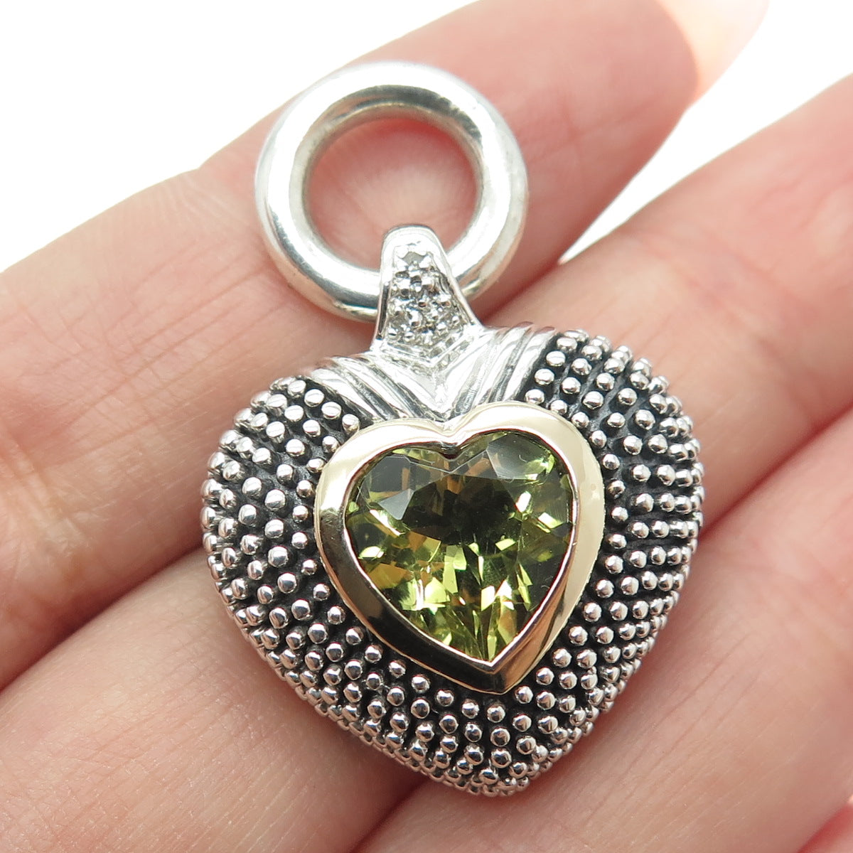 14K Gold & 925 Sterling Silver Vintage Real Diamond & Peridot Heart Pendant