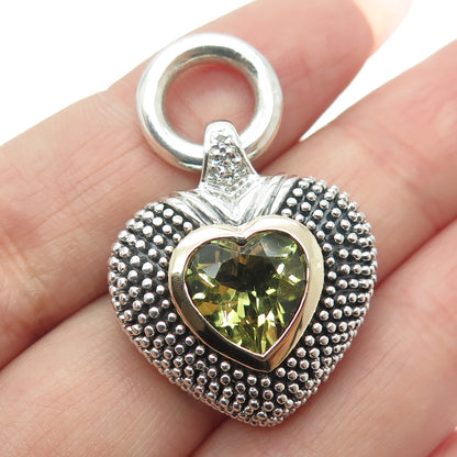 14K Gold & 925 Sterling Silver Vintage Real Diamond & Peridot Heart Pendant