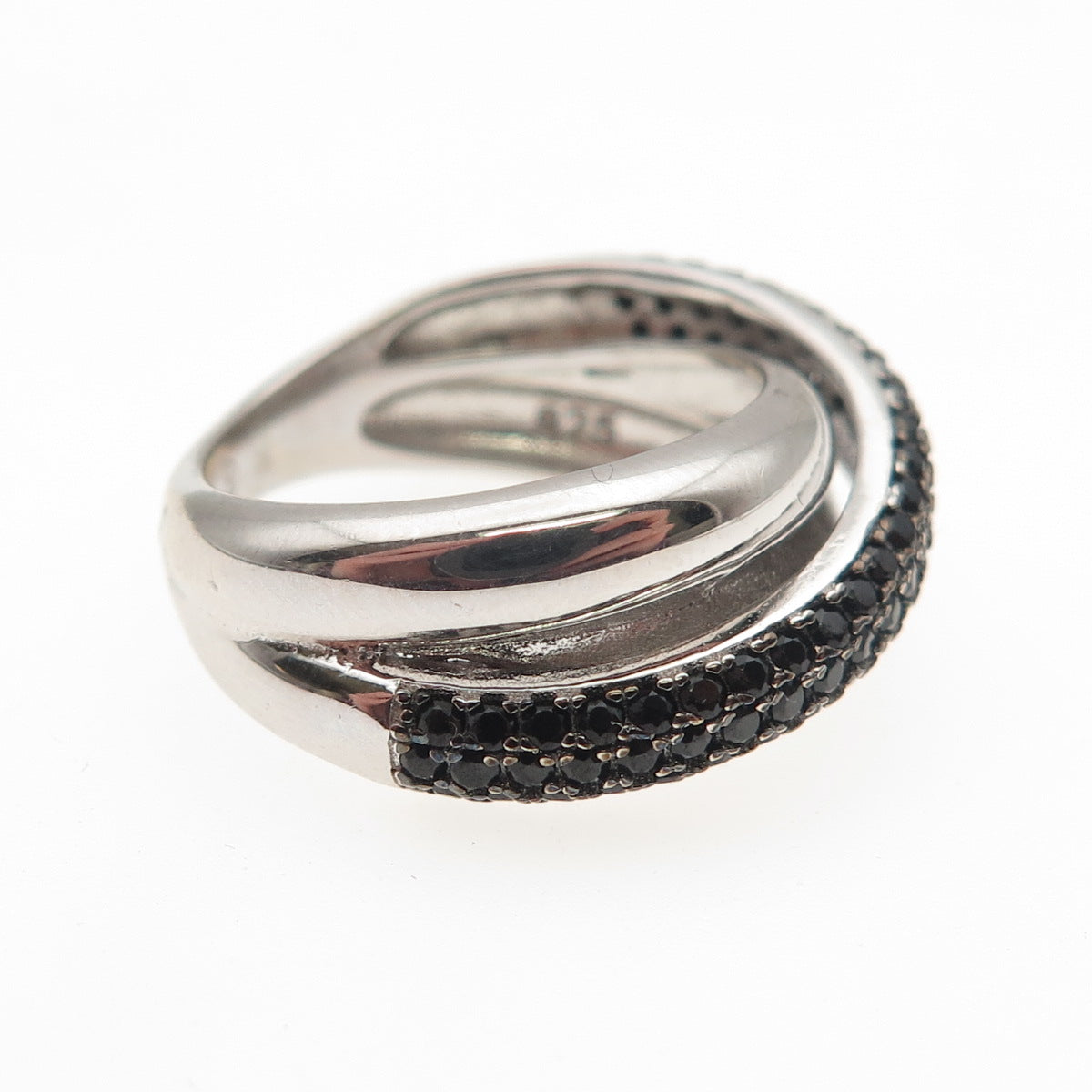 925 Sterling Silver Real Round-Cut Black Spinel Crossover Ring Size 6.25