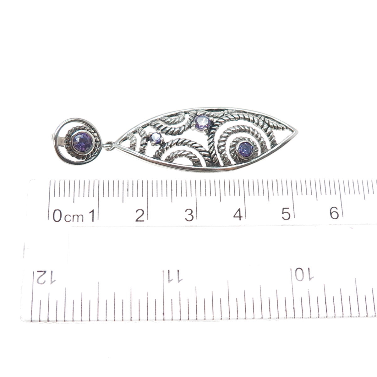 925 Sterling Silver Vintage Real Amethyst Ornate Oxidized Pendant