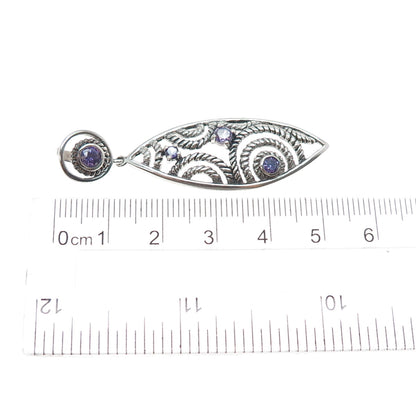 925 Sterling Silver Vintage Real Amethyst Ornate Oxidized Pendant