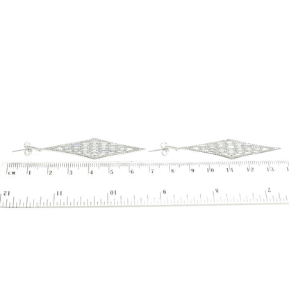 925 Sterling Silver Emerald-Cut Shaped C Z Rhombus Elongated Dangling Earrings