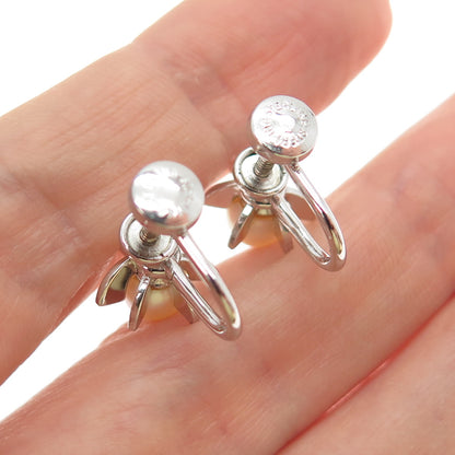 925 Sterling Silver Vintage Real Pearl Sun Screw Back Earrings